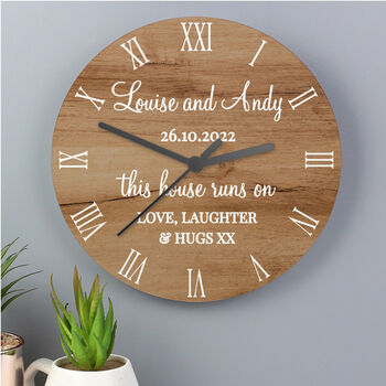 Personalised Free Text Wood Effect Round Wall Clock, 3 of 6