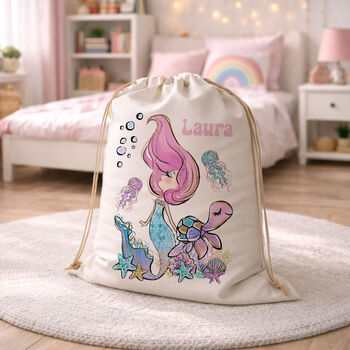 Personalised Mermaid Drawstring Toy Sack, Girls Dress Up Storage Bag, 4 of 4