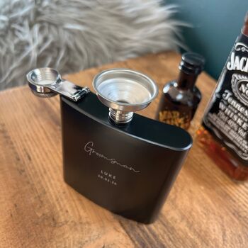 Personalised Script Engraved Black Metal Hip Flask Wedding Party And Father Of The Bride Gift, 8 of 11