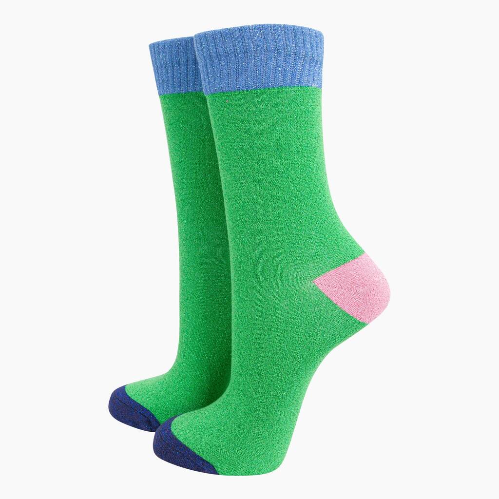 Women's Glitter Socks Green Colour Burst, 1 of 4