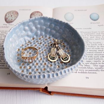 Handmade Ceramic Powder Blue Ring Dish With Gold Dots, 2 of 5