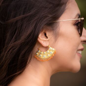 Aqua Blue Chalcedony, Carnelian Gold Earrings, 2 of 5