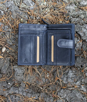 Women's Luxury Navy Blue Leather Tab Trifold Purse Rfid Protected Personsalised, 5 of 7