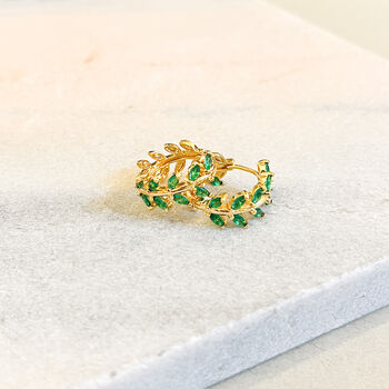 Emerald Green Leaf Huggie Hoop Earrings, 2 of 3