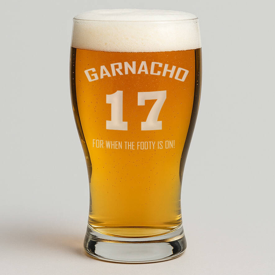 Personalised Father's Day Football T Shirt Name Engraved Pint Glass, 1 of 2