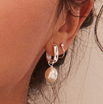 Gold Or Silver Thick Squared Hoop Pearl Drop Earrings, 4 of 7