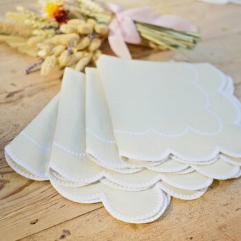 Pair Of Scalloped Embroidered Cream Linen Napkins, 2 of 6