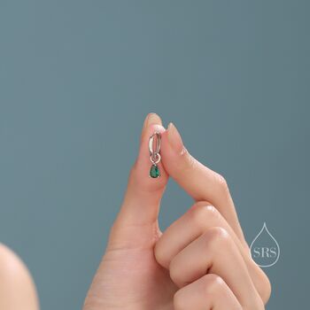 Sterling Silver Emerald Green Cz Droplet Hoop Earrings, 4 of 12