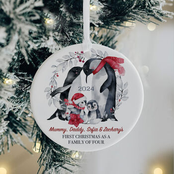 Personalised First Christmas As A Family Of Four Ceramic Penguin Decoration, 2 of 4