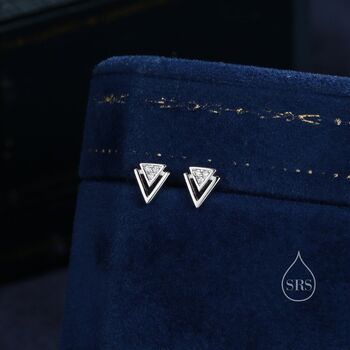 Tiny Double Triangle Stud Earrings In Sterling Silver, 5 of 9