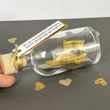 Personalised Gold Paper Ship In A Bottle – Golden Anniversary Gift, 8 of 12