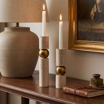 Travertine And Brass Sculptural Candle Holder Set Of Two, 2 of 6