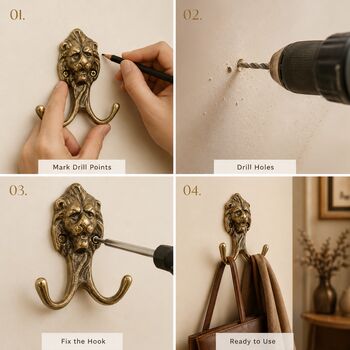 Vintage Brass Lion Wall Hooks Set Of Two, 5 of 9