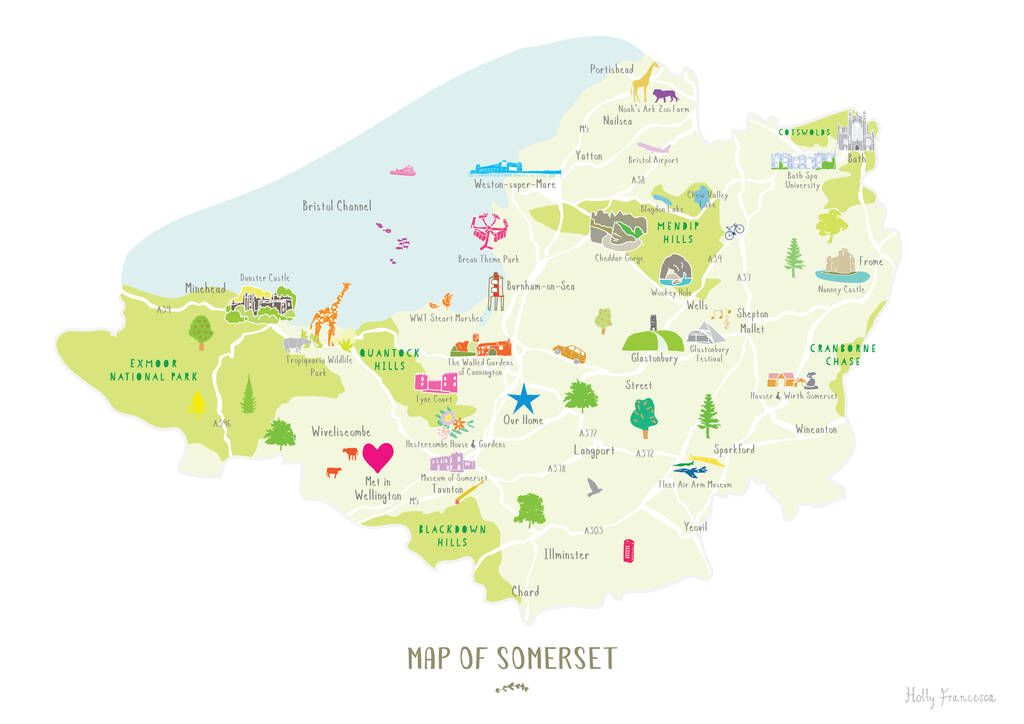 Original Personalised Somerset Map Add Favourite Places 