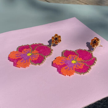 Hand Beaded Pink Pansy Statement Earrings, 8 of 9
