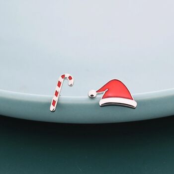 Mismatched Enamel Christmas Hat And Candy Cane Stud Earrings In Sterling Silver, 7 of 10