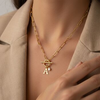 Gold Initial And Birthstone Paperclip T Bar Necklace, 3 of 7