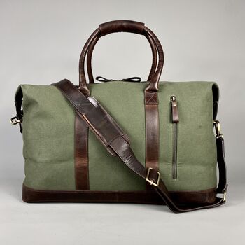 Olive Green Canvas Weekend Holdall With Leather Trim, 4 of 8