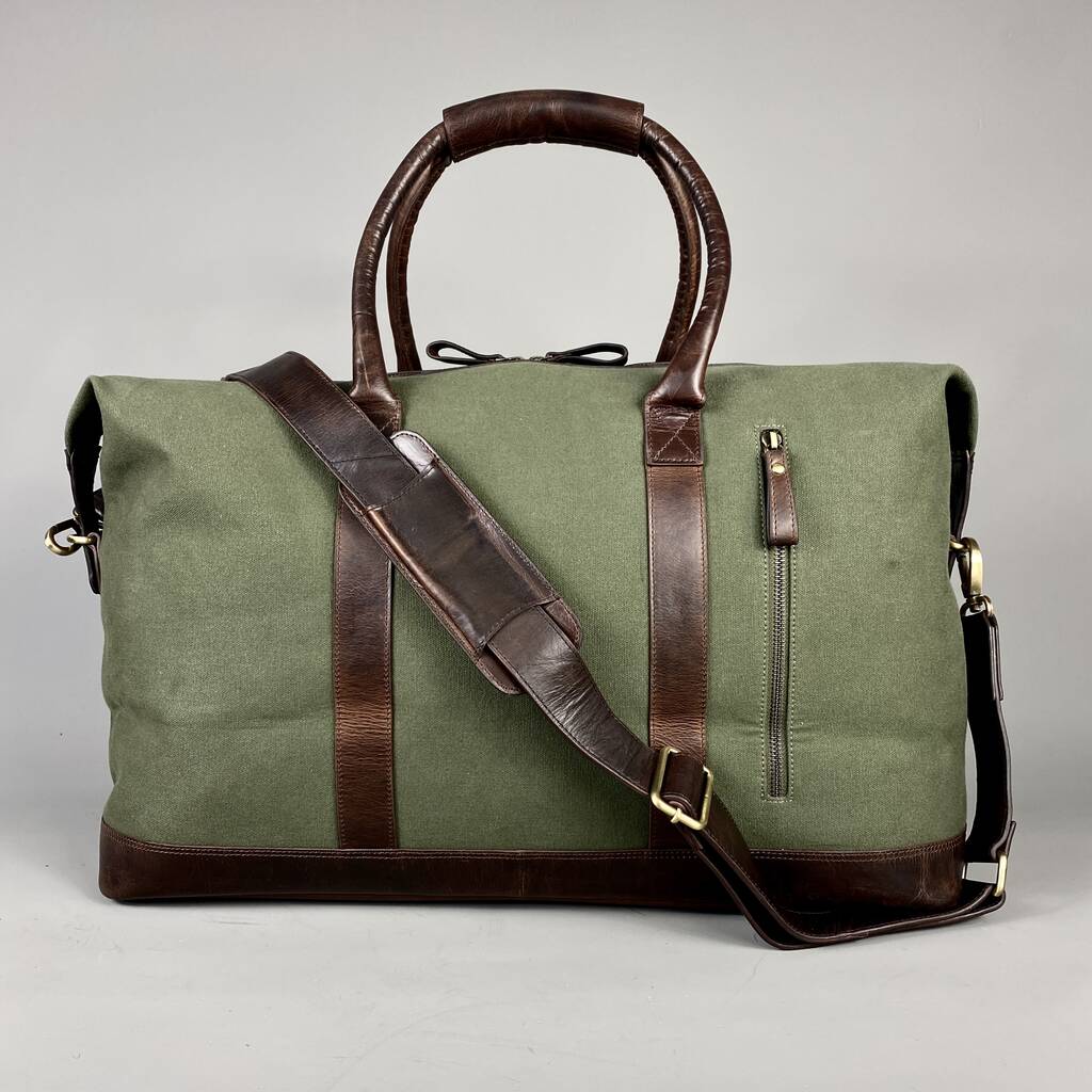 Olive Green Canvas Weekend Holdall With Leather Trim By LeatherCo ...