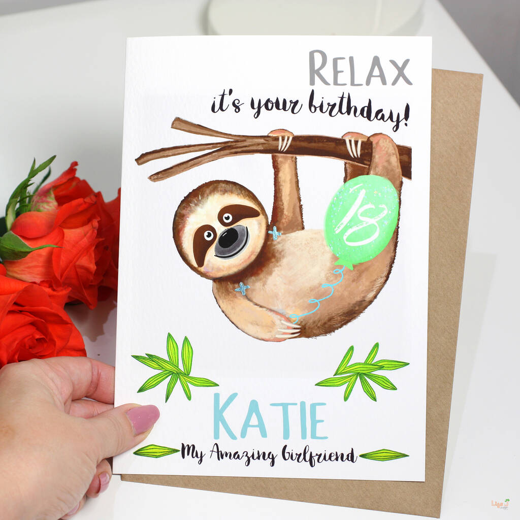 Personalised Sloth 'Relax' Birthday Card For Her, 1 of 11