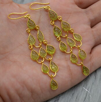 Long Peridot Earrings: Gold Plated Silver, Dangle Drop, 3 of 6