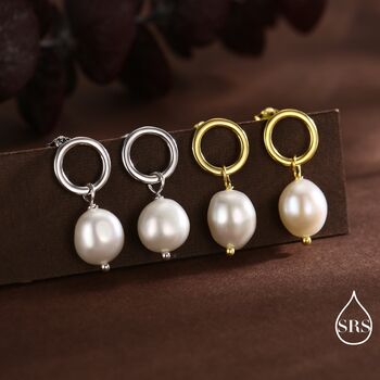 Sterling Silver Circle With Dangling Baroque Pearl Drop Stud Earrings, 6 of 12