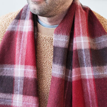 Men's Red Check Wool And Cashmere Blend Scarf, 3 of 12