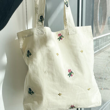 Embroidered Flower Glitter Thread Cotton Tote Bag, 6 of 7