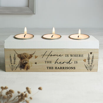 Personalised Highland Cow Triple Tea Light Holder Box, 2 of 6