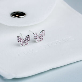 Sterling Silver Pink Sparkly Butterfly Stud Earrings, 4 of 5