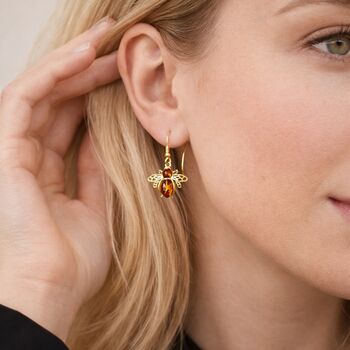Gold Plated Sterling Silver Baltic Amber Bee Drop Earrings – 15mm, 2 of 4