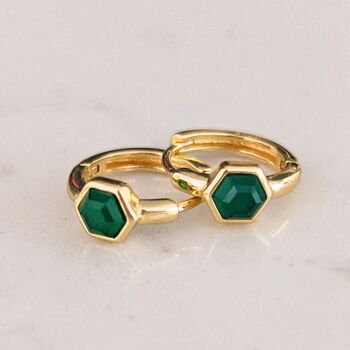 Green Onyx Tiny Hexagon Hoop Earrings 18ct Gold Plated, 4 of 8