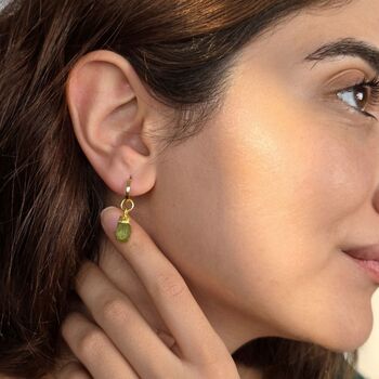 Raw Peridot August Birthstone Gold Plated Huggies, 2 of 4