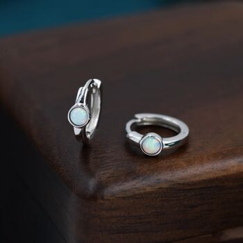 White Opal Dot Huggie Hoop Earrings Sterling Silver, 2 of 12