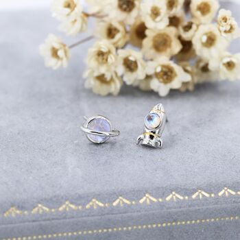 Mismatched Rocket And Planet Stud Earrings In Sterling Silver, 2 of 11