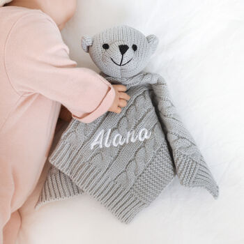 Personalised Grey Knitted Teddy Comforter, 2 of 7