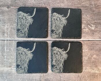 Set Of Four Highland Cow Slate Coasters, 2 of 4