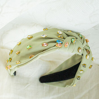 Twist Knot Diamante Gem Headband In Green, 2 of 4