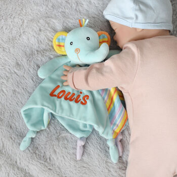Personalised Blue Stripy Elephant Baby Comforter, 2 of 4