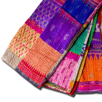 Silk Patchwork Multicoloured Hand Stiched Kantha Quilt, 9 of 9