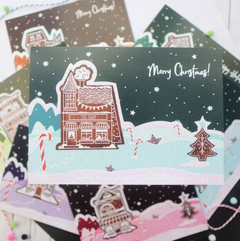 Christmas Glitter Postcard Set, Gingerbread Shops, 7 of 8