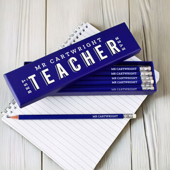 Best Teacher Ever Blue Pencil Box Set Personalised, 3 of 3