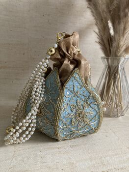 Light Blue Handcrafted Raw Silk Potli Bag/Wrist Bag, 3 of 9