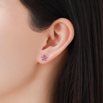 Sterling Silver Purple Amethyst Cz Flower Flat Back Earrings, 4 of 8
