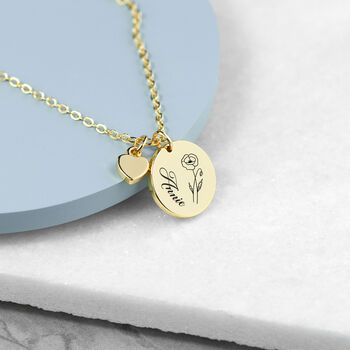 Personalised Birth Flower Heart And Disc Necklace, 7 of 12
