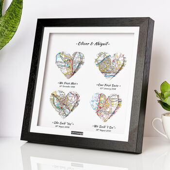 Wooden Anniversary Gift 3D Heart Map Locations Print In Solid Wooden Frame, 2 of 12