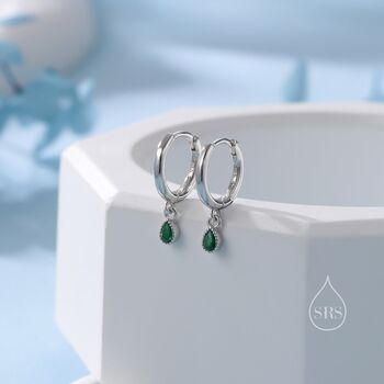 Tiny Dotted Droplet Emerald Green Cz Hoop Earrings, 8 of 11