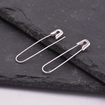 Sterling Silver Safety Pin Pull Through Drop Earrings, 3 of 10