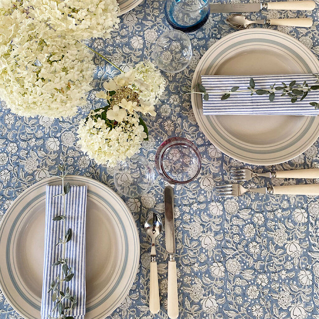 French Blue Cotton Tablecloth With White Flowers By Liberty Bee ...