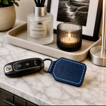 Personalised Dark Blue Hand Stitched Leather Key Fob, 6 of 7